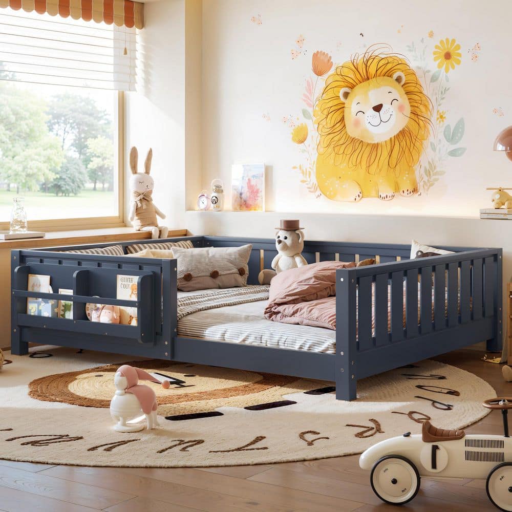 Blue Full Size Kids Bed with Built-In Bookshelf and High-Quality Safety Guardrail