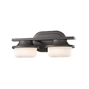 Optum 14 in. 2-Light Bronze Integrated LED Shaded Vanity Light with Matte Opal Glass Shade