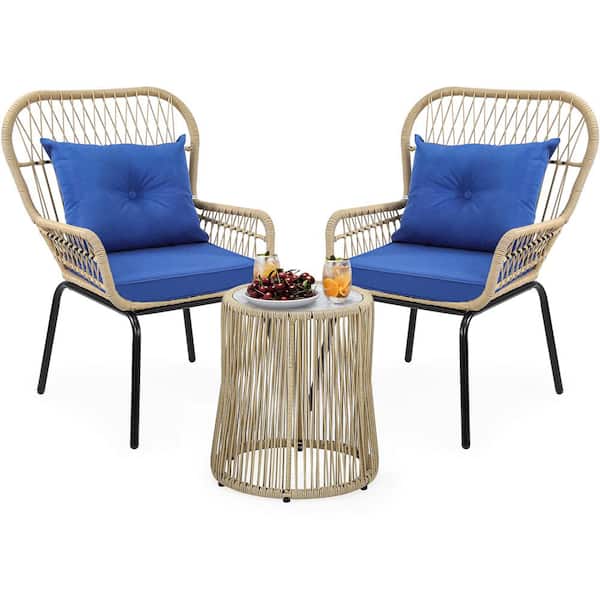DEXTRUS 3-Piece Wicker Outdoor Bistro Set Conversation Chairs with Soft Cushions Light Brown