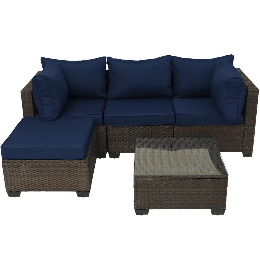 5 Pieces Outdoor Wicker Sofa Set, Patio Furniture sofa set, with Dark Blue Cushions price history on PriceWatchPro