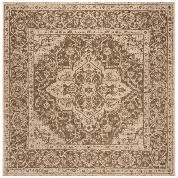 Linden Beige/Cream 4 ft. x 4 ft. Border Antique Medallion Indoor/Outdoor Square Area Rug