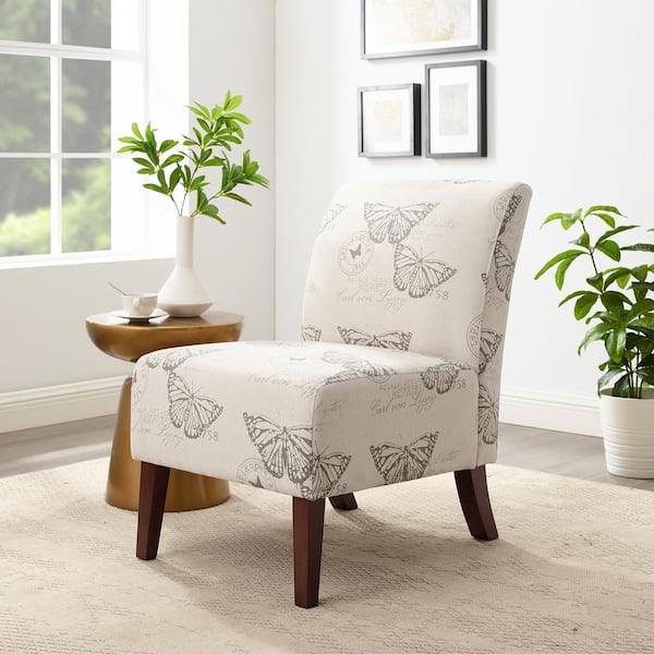 Prima Beige Butterfly Printed Polyester Fabric Accent Slipper Chair