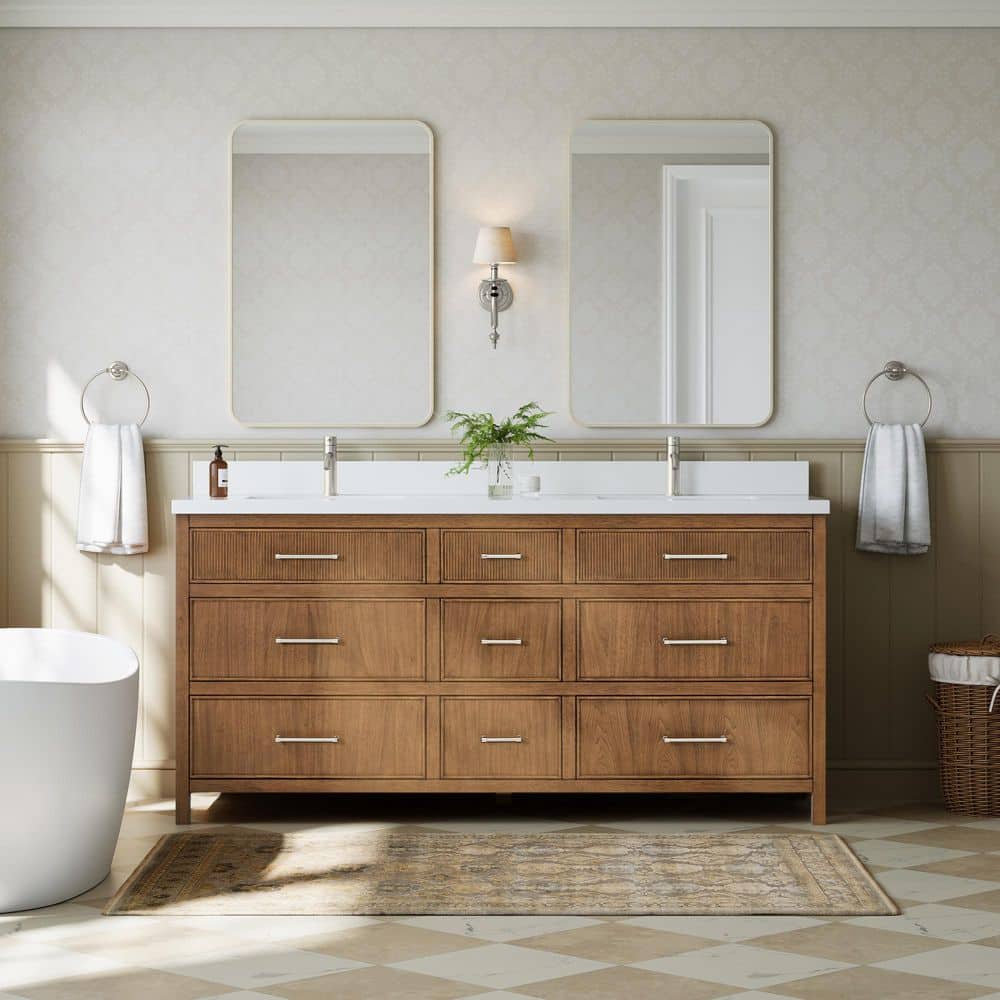 Isola 71.75 in. Double Freestanding Toasted Walnut with Brushed Nickel Trim Bath Vanity with White Quartz Top price history on PriceWatchPro