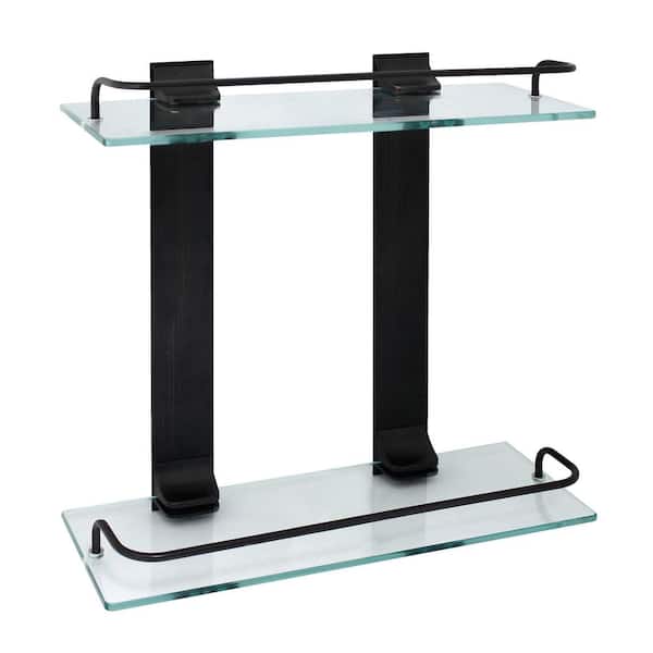 13.75 in. W Double Glass Wall Shelf with Pre-Installed Rails in Rubbed Bronze 13.75 in. W Double Glass Wall Shelf with Pre-Installed Rails in Rubbed Bronze