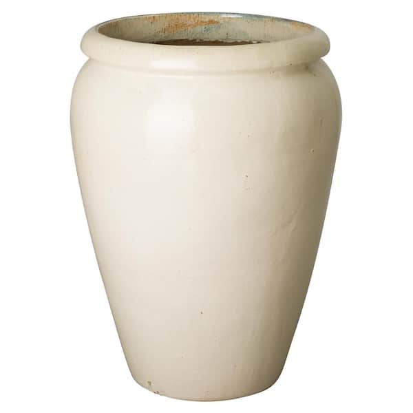 Emissary Tall 28 in. L x 39 in. H Distressed Cream Ceramic Round Planter with Drainage Hole