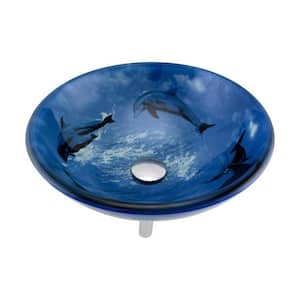 Dolphin 16-1/2 in. Round Glass Vessel Bathroom Sink in Blue with Drain