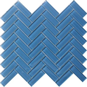 Sky Blue 11 in. x 12.6 in. Herringbone Polished Glass Mosaic Tile (4.81 sq. ft./Case)