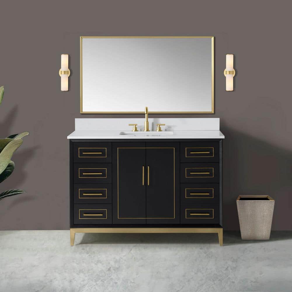Midnight Black and White Quartz 48'' Bathroom Vanity with Brass Accents