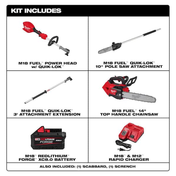 M18 FUEL 14 in. Top Handle 18V Battery Powered Brushless Cordless Chainsaw w/ QUIK-LOK Pole Saw, 8.0 Ah Battery, Charger