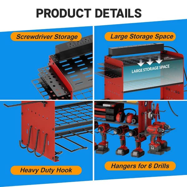Power Tool Organizer With Charging Station - Wall Mount Drill Holder With 4-Outlet Power Strip, Red
