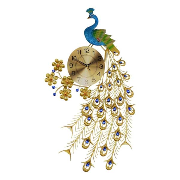 21 in. Blue Green And Gold Metal Silent Analog Peacock Novelty Wall Clock