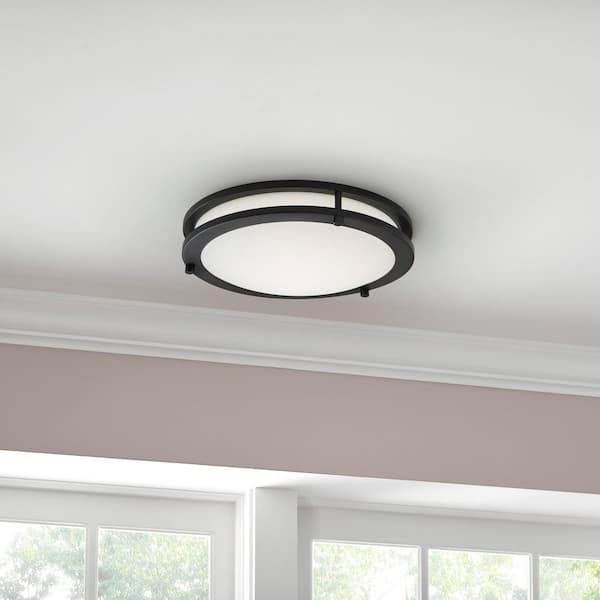 Flaxmere 12 in. Matte Black Dimmable Integrated LED Flush Mount Ceiling Light with Frosted White Glass Shade