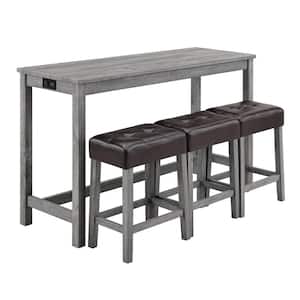 4-Piece Gray MDF Wood Rectangular Outdoor Dining Set with Brown Cushions
