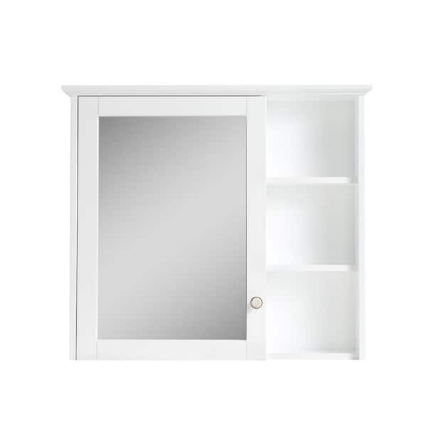 Fully Assembled 34 in. W x 30 in. H Rectangular Solid Wood Medicine Cabinet with Mirror and Open Storage in White