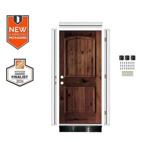Krosswood Doors DIY 32 in. x 80 in. Alder Right-Hand Top Arch VG Red Mahogany Stain Single Wood Front Door Kit w/ Quick Assemble Jamb