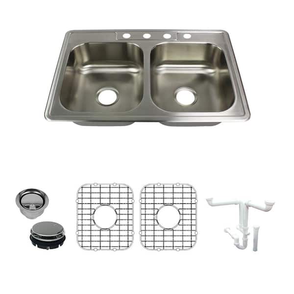 Transolid Select All-in-One Drop-In Stainless Steel 33 in. 4-Hole 50/50 Double Bowl Kitchen Sink in Brushed Stainless Steel