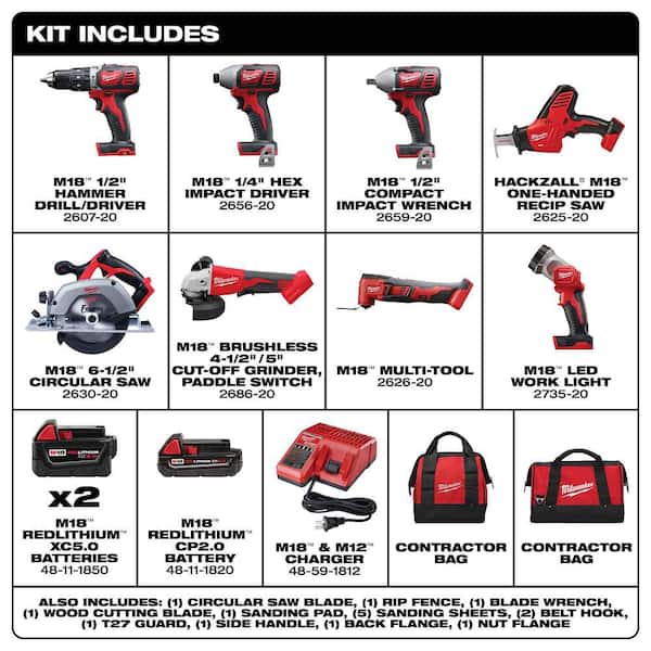 M18 18V Lithium-Ion Cordless Combo Kit (8-Tool) with (3) Batteries, Charger and (2) Tool Bags