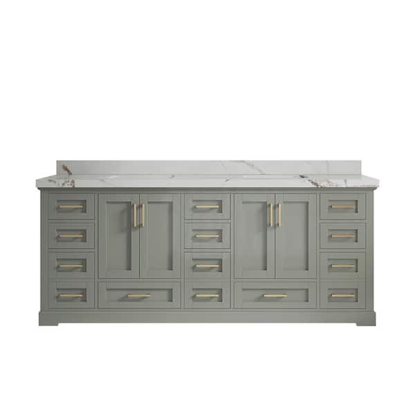 Willow Collections Boston 84 in. Double Sink Freestanding Evergreen Bath Vanity with Calacatta Gold Quartz Top Unassembled