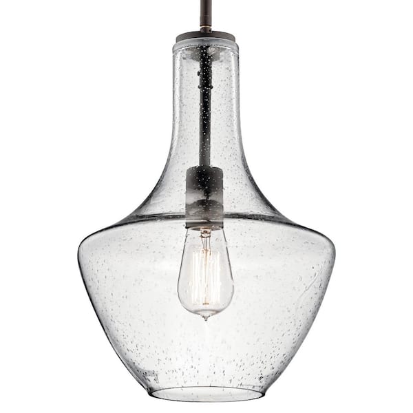 KICHLER Everly 15.25 in. 1-Light Olde Bronze Transitional Shaded Kitchen Bell Pendant Hanging Light with Clear Seeded Glass