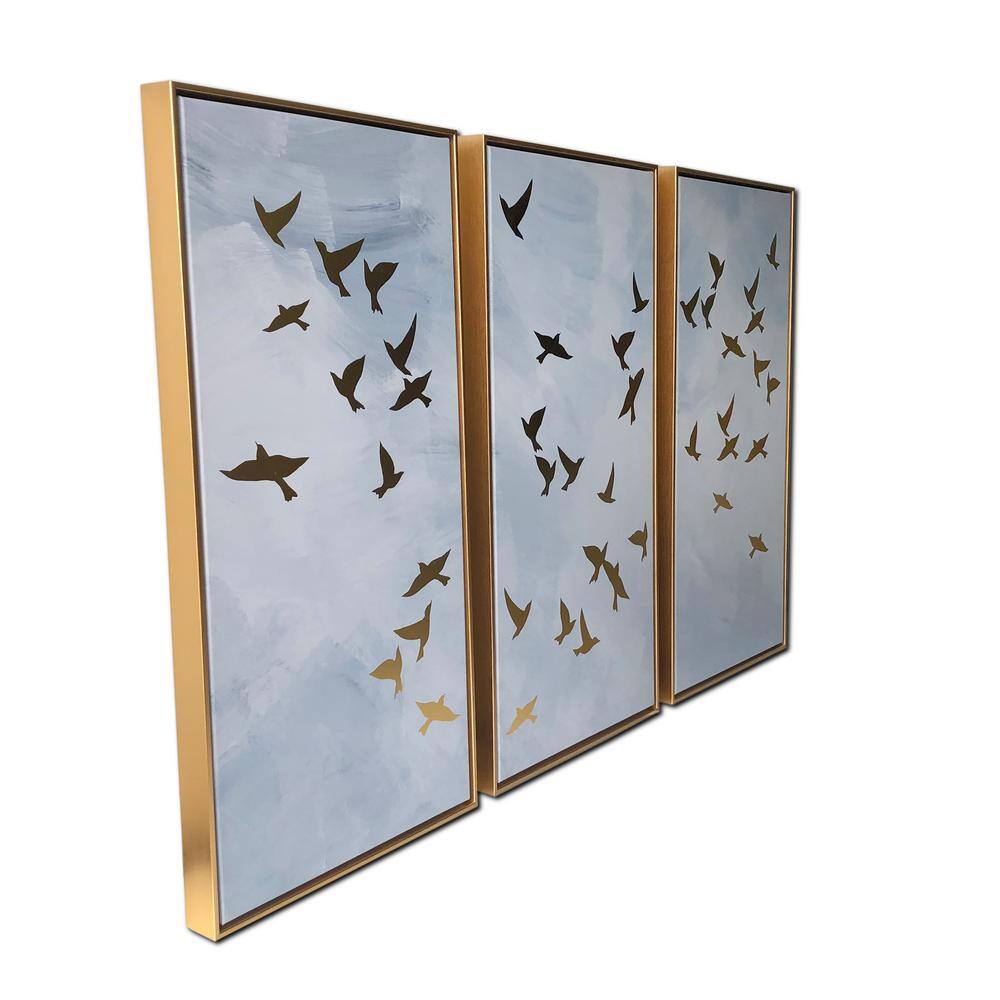 Golden Birds Triptych Floating Framed Canvas Wall Art