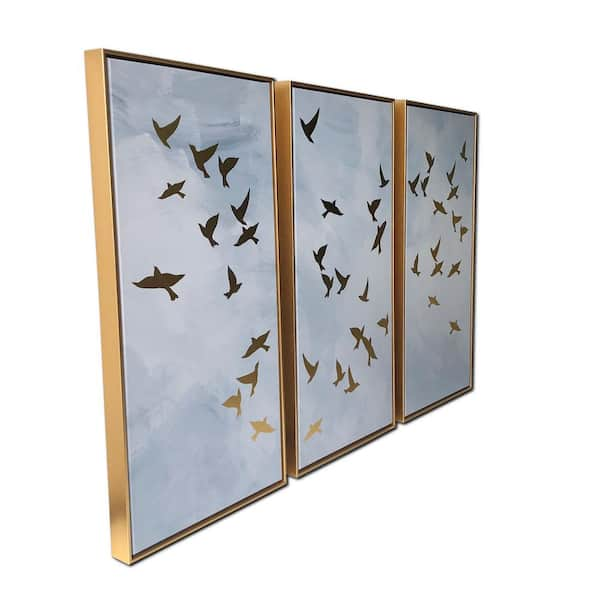 Golden Birds 3-Piece Gold Floating Framed Canvas Animal Art 30 in. x 48  in.