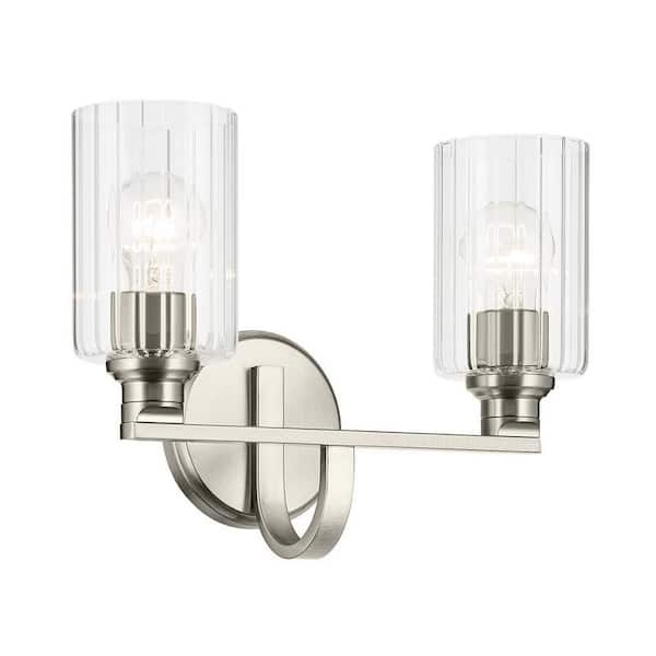 Gioe 14.25 in. 2-Light Vanity Light with Clear Fluted Glass in Brushed Nickel