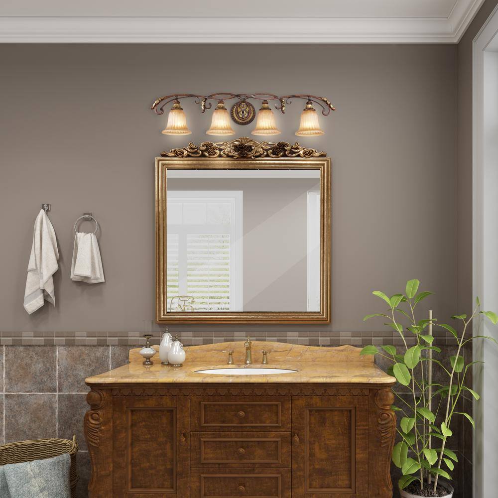 Verona Bronze & Aged Gold Leaf 4-Light Vanity with Rustic Art Glass