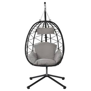 UV Resistant Fabric Wicker Hanging Egg Chair Outdoor Patio Swing Chair with Steel Stand and Light Gray Cushions