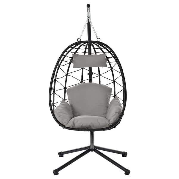 COOLSHARK UV Resistant Fabric Wicker Hanging Egg Chair Outdoor Patio Swing Chair with Steel Stand and Light Gray Cushions