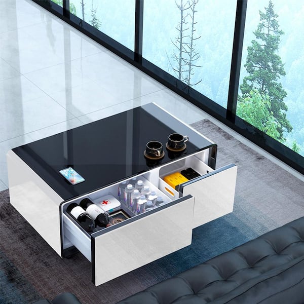 Aumentar Oso ensalada Modern 41.5 in. White Tempered Glass Square Smart mini Coffee Table with  Built in Fridge, Power socket, USB interface YYmd-LX-20 - The Home Depot