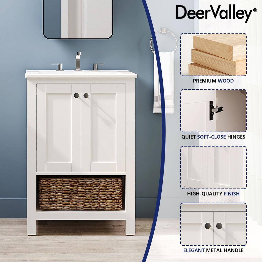 24" White Freestanding Bathroom Vanity with Ceramic Top and Woven Basket