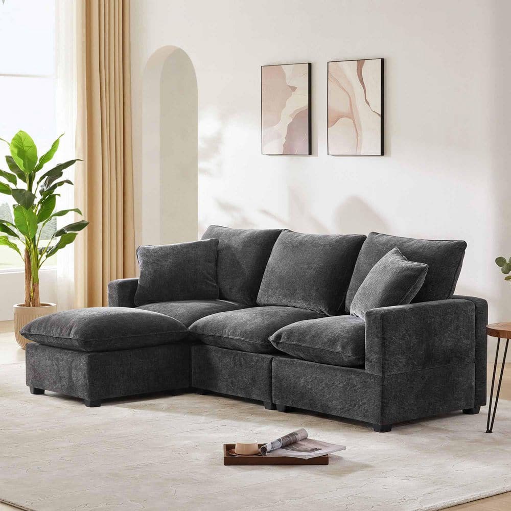 86 in. Square Arm Chenille Sectional Sofa with 2 Pillows in. Black/Gray