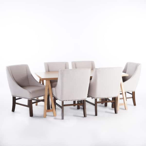 Noble House Sabine Natural Brown Fabric Upholstered and Oak Wood Dining Set (7-Piece)