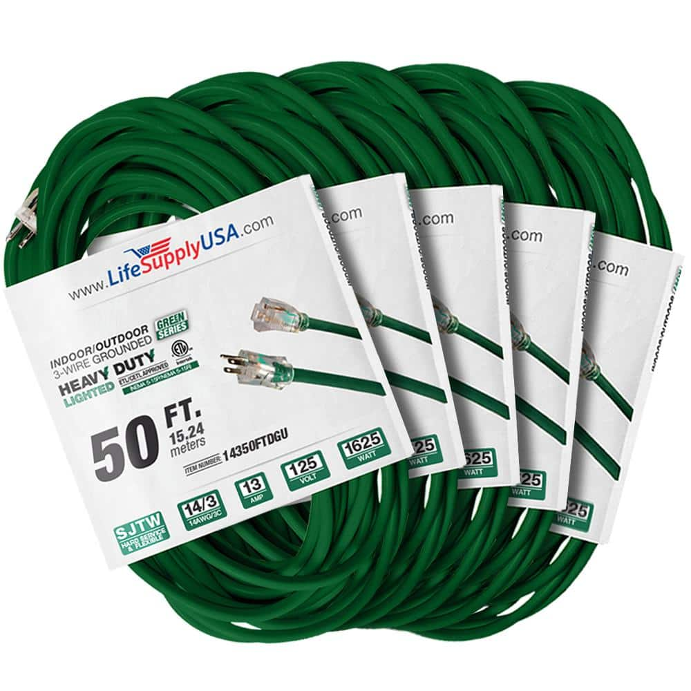 50 ft 14 Gauge/3 Conductors SJTW 15 Amp Indoor/Outdoor Extension Cord with Lighted End Green (5-Pack) -  LifeSupplyUSA, 514350FTDGU-HD