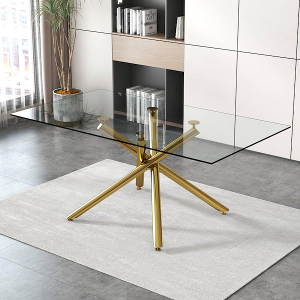 Polibi Large Modern Rectangular Clear Glass Dining Table 71 in. Golden Cross Legs Table Base Type Dining Table Seats 6