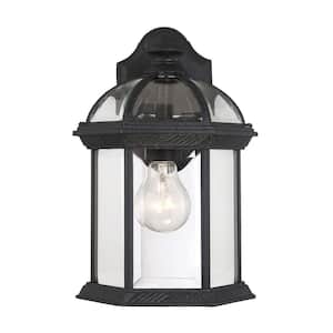 Kensington 7.75 in. W x 11.5 in. H 1-Light Textured Black Outdoor Wall Lantern Sconce with Clear Glass