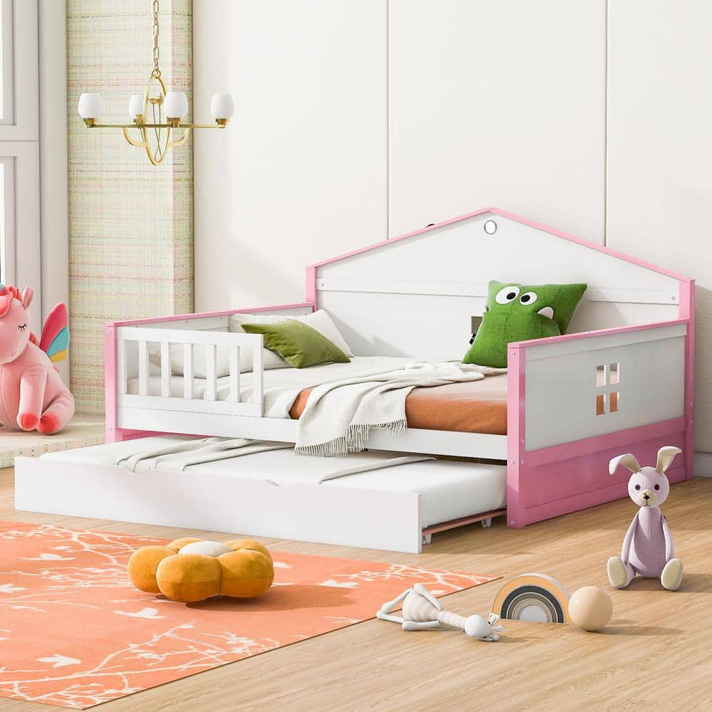 Harper & Bright Designs Pink Full Size Wood House-shaped Daybed with a ...