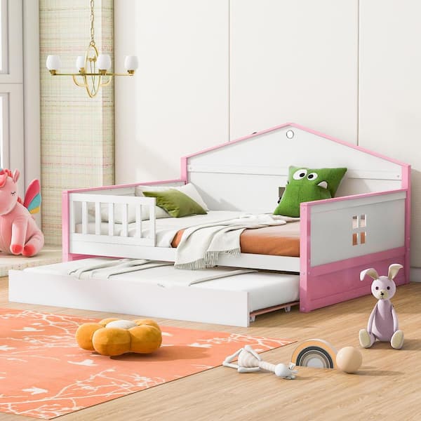 Harper & Bright Designs Pink Full Size Wood House-shaped Daybed with a Sensor Light and Trundle