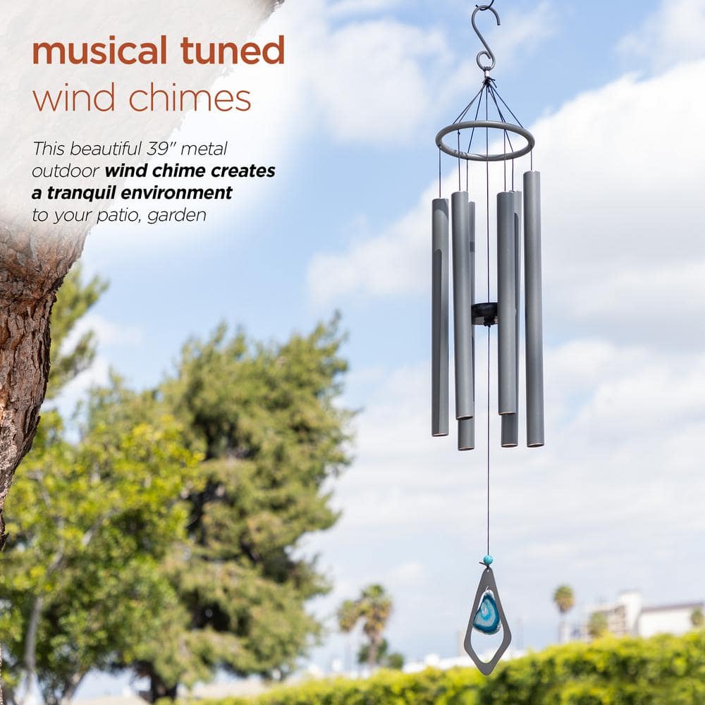 39" Gray Aluminum Wind Chime with Blue Gemstone