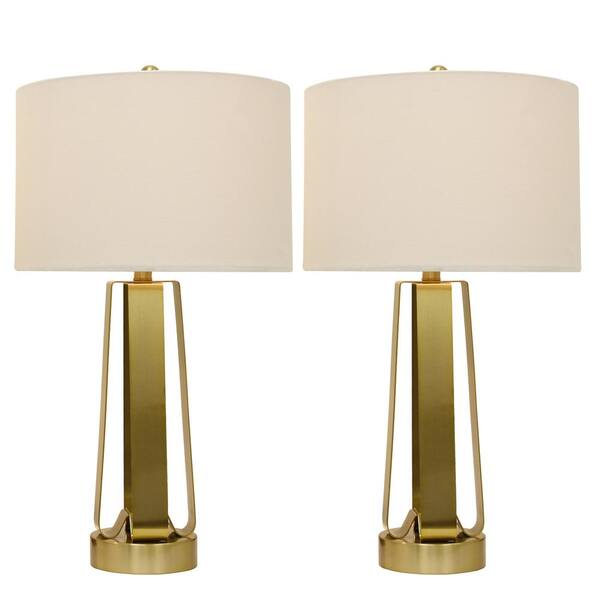Decor Therapy Open Work 28 in. Brushed Brass Table Lamp with Linen Shade