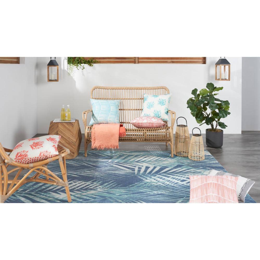 Navy Blue Tropical Leaf Pattern Indoor/Outdoor Rug, 10' x 13'