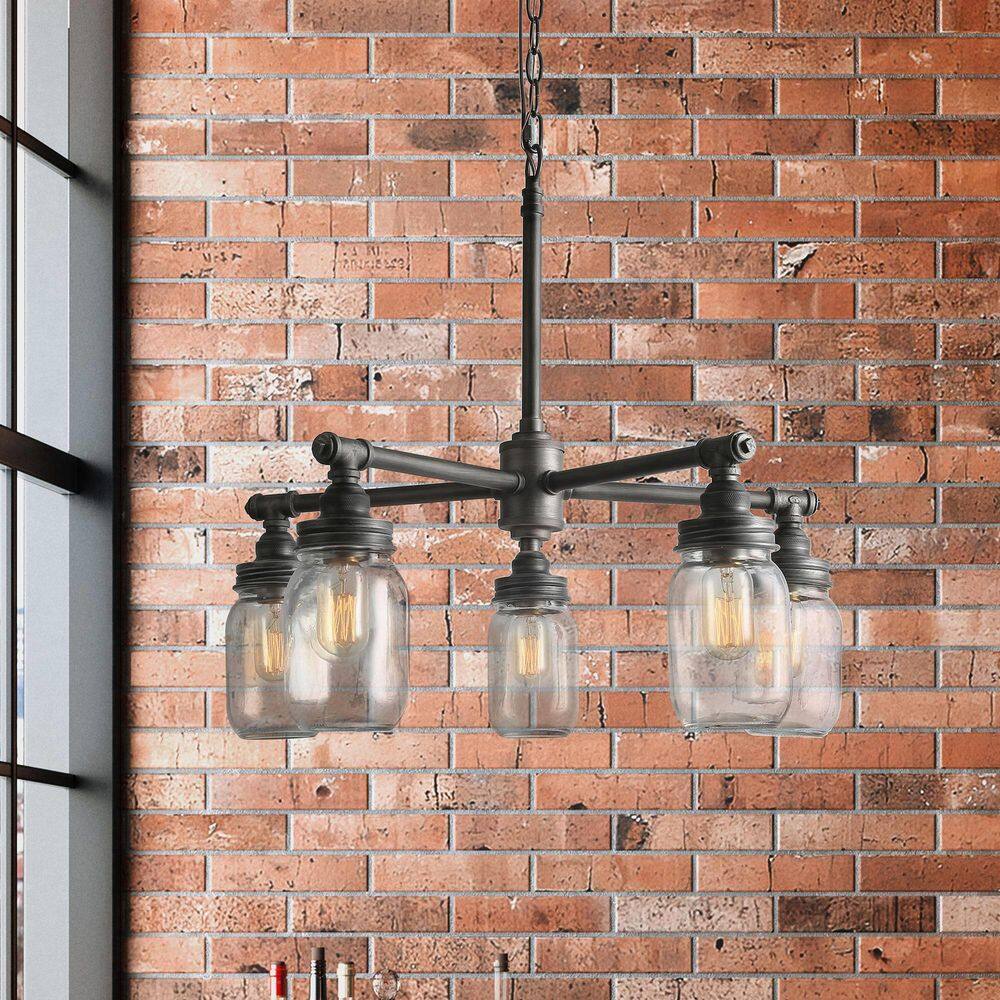 Lnc 5 Light Rustic Brushed Black Pipe Chandelier With Modern Industrial Dark Gray Accents And Clear Mason Jar Glass Shades A The Home Depot