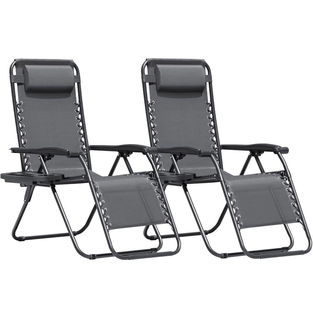 Tozey 2-Piece Light Gray Zero Gravity Black Metal Lawn Chair Set