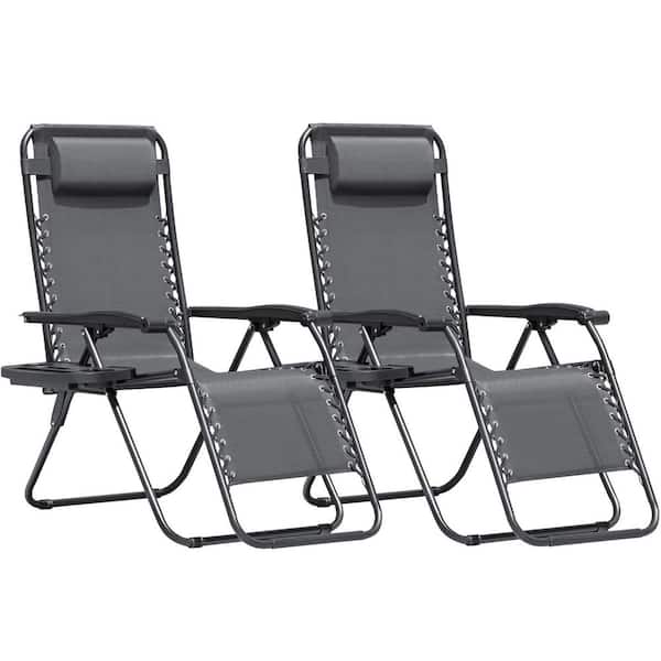 Tozey 2-Piece Light Gray Zero Gravity Black Metal Lawn Chair Set Adjustable Folding Beach Chair with Pillows and Cup Holders