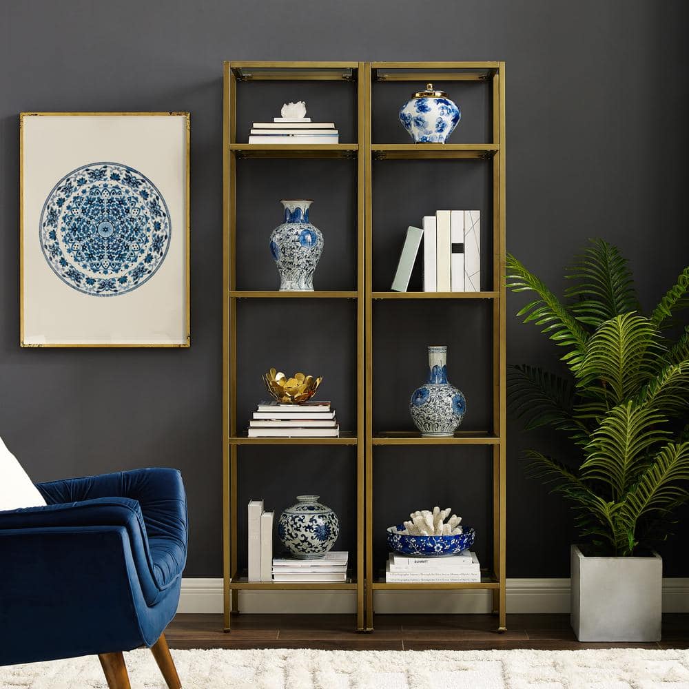 Aimee 73" Gold Steel and Glass Narrow Etagere