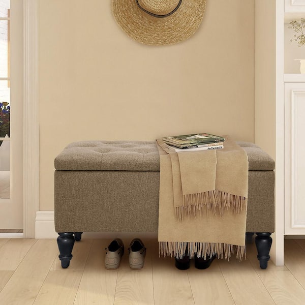Maypex 29 in. Tan Linen Fabric Upholstered Flip Top Tufted Storage Bench