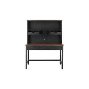 48 in. Rectangular Black/Walnut Wood 5-Drawer Writing Desk with Open Shelf Hutch