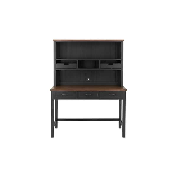 Home Decorators Collection 48 in. Rectangular Black/Walnut Wood 5-Drawer Writing Desk with Open Shelf Hutch