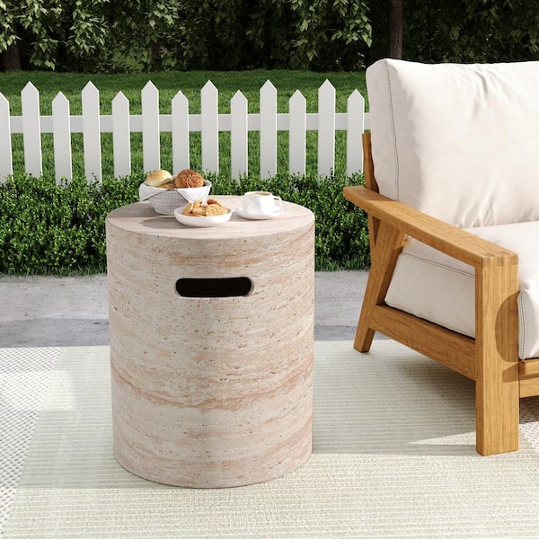 Travertine Finish Round Lightweight Concrete Outdoor Side Table with Side Handles