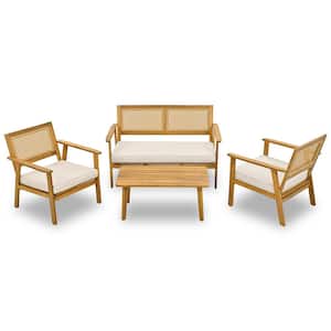Outdoor 4-Piece Natural Wood Wash Acacia Wood Patio Conversation Seating Set and A Table with Beige Cushion